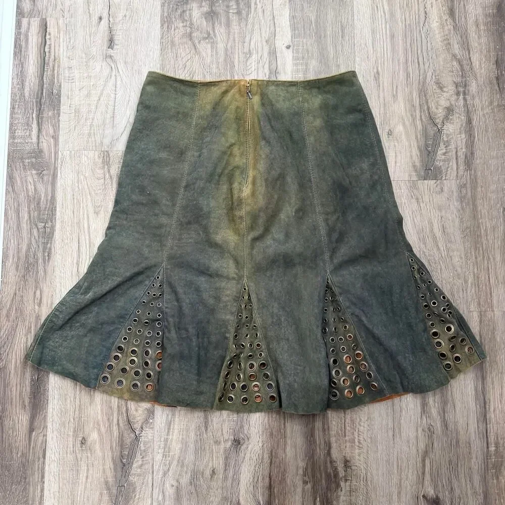 Double D Ranch Grommet Sepia Leather Midi Skirt Grunge Alternative